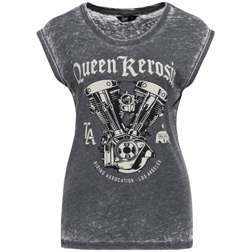 Queen Kerosin Damen T-Shirt Cal. Motor Sleeveless Enzym Wash Biker 41020 schwarz - JeanZone