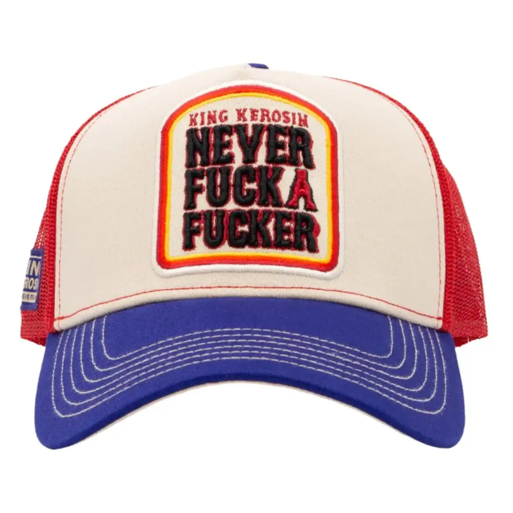 king-kerosin-trucker-cap-never-fuck-a-fucker-in-navy-white-1 - JeanZone