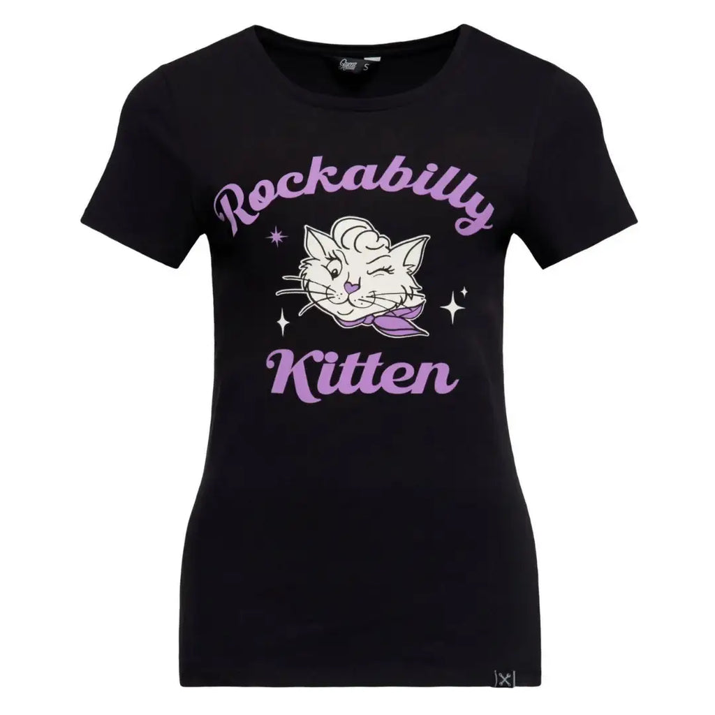 queen-kerosin-damen-t-shirt-rockabilly-kitten-in-black-1 - JeanZone
