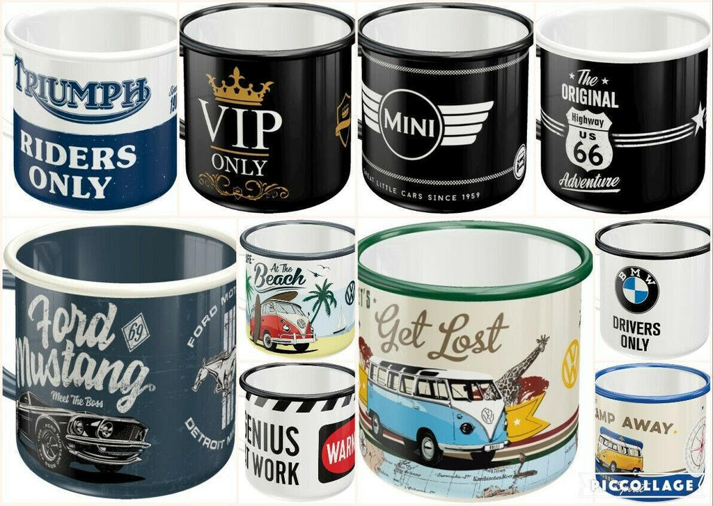 Nostalgic-Art Emaille Becher Kaffee Mug Kaffeetasse VW Bulli BMW VIP Triumph usw - Jeans Boss